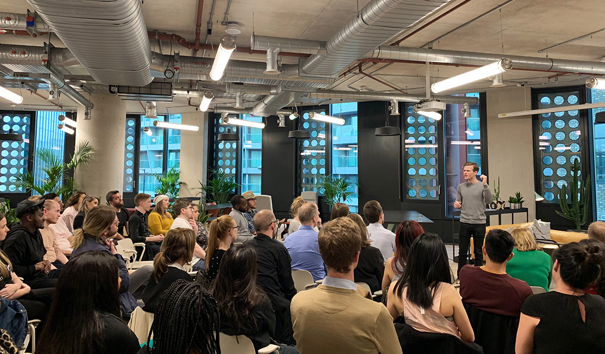 Colin Wright speaking at the Office Group in London, photo by Kit Naidoo