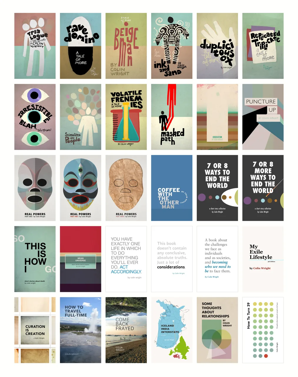 A grid of more than thirty book covers by Colin Wright, spanning travel writing, relationship advice, practical philosophy, and science fiction.
