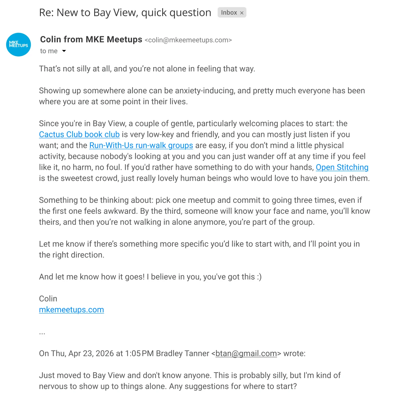 The personal reply in an email-client thread: the reassurance, three Bay View suggestions, and the ‘go three times’ advice, above the stand-in subscriber’s original question.