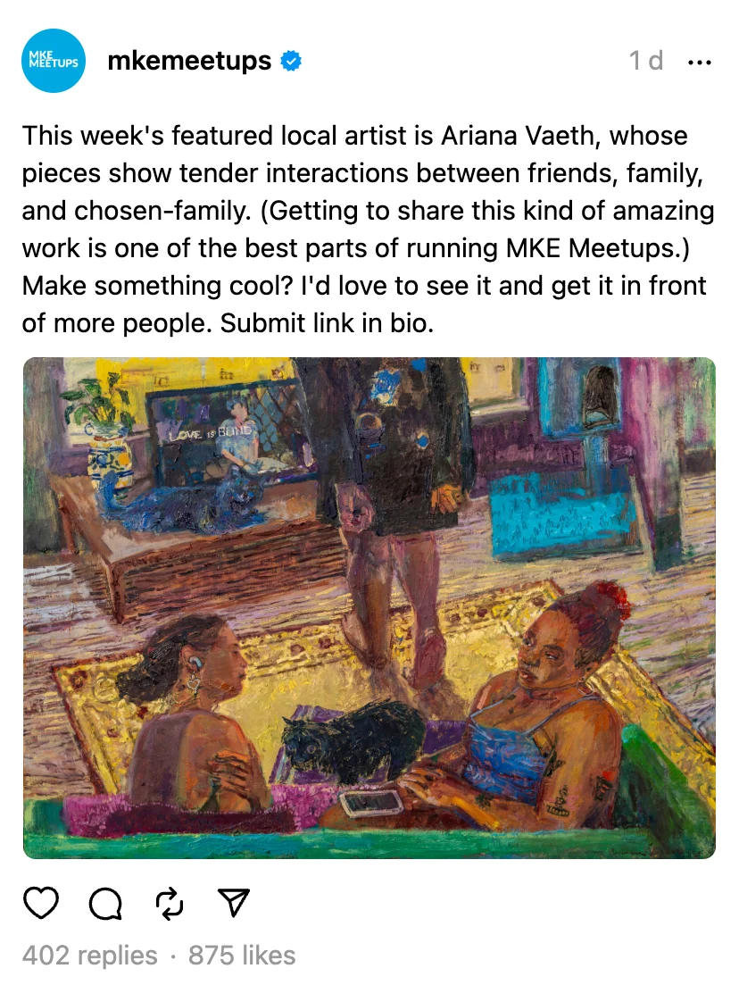The featured-maker Instagram post as published, with a stand-in artist name filled in and an image of the artist’s painting below the copy.
