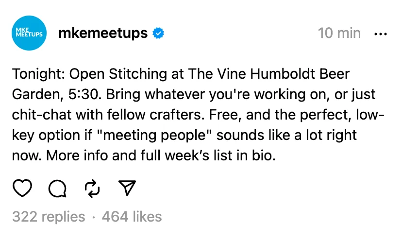 The host-spotlight Instagram post as published, pointing readers to a craft night, with likes and replies shown.