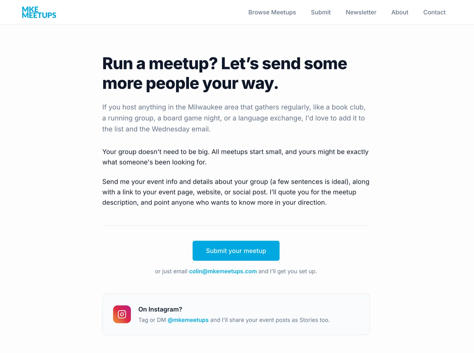 The live MKE Meetups submit page: the headline inviting hosts, the reassurance that small groups count, and the submission instructions.