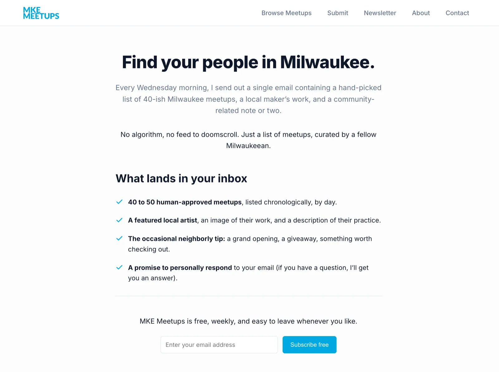The live MKE Meetups subscribe page: the headline, the what-you-get list, and the subscribe button, captured from the real page.