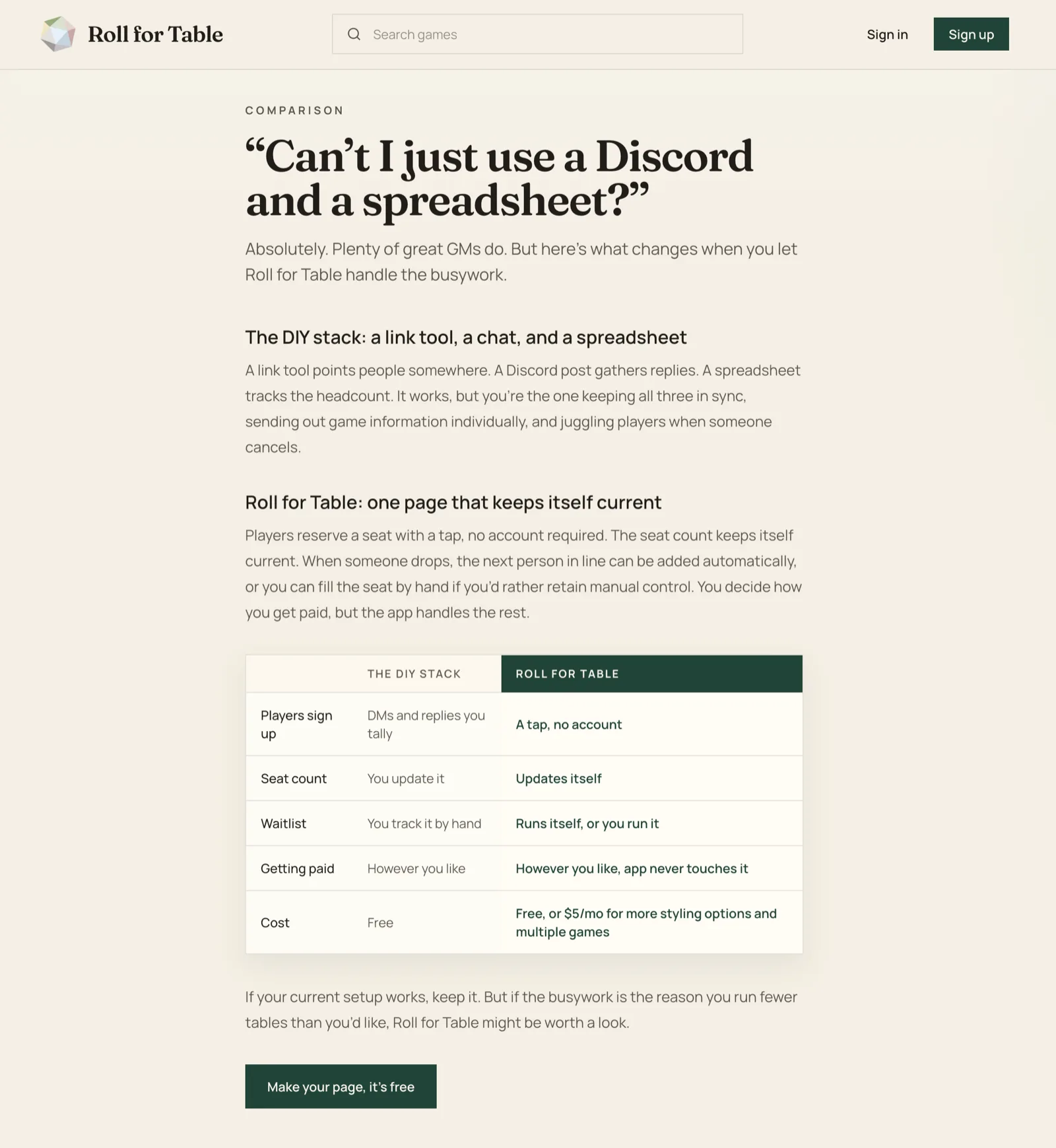 The comparison page in Roll for Table styling: the “Can’t I just use a Discord and a spreadsheet?” headline, the two approaches, and the comparison table through to the CTA.