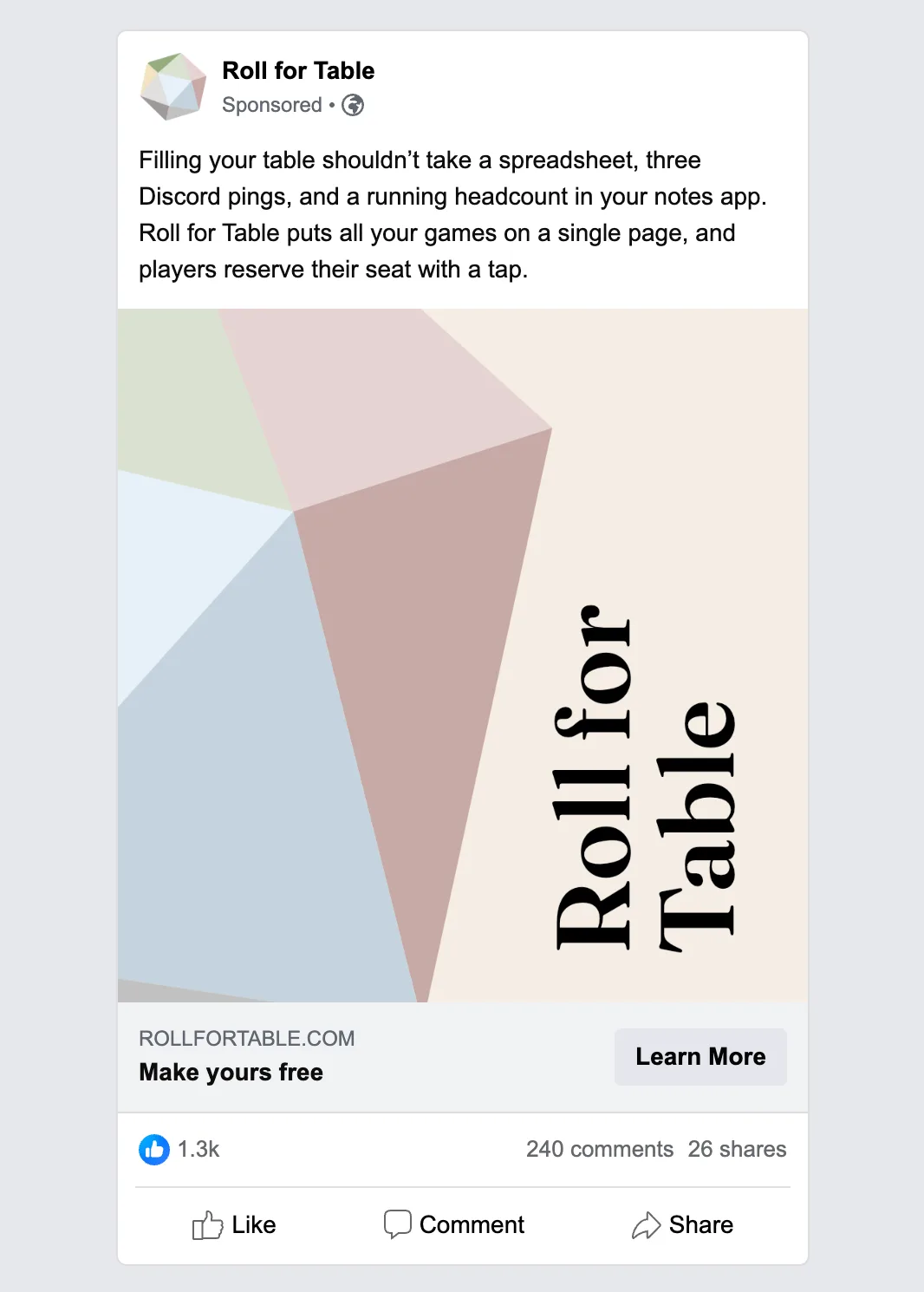 The busywork Meta ad in a feed frame: the skip-the-spreadsheet copy above a Roll for Table brand image, with a Learn More button.