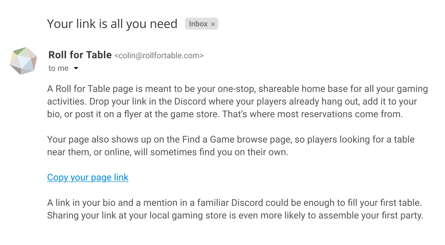 The second onboarding email: subject “Your link is all you need,” about sharing your page link, with a Copy your page link button.