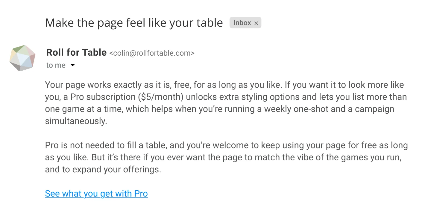 The third onboarding email: subject “Make the page feel like your table,” introducing the optional Pro tier.