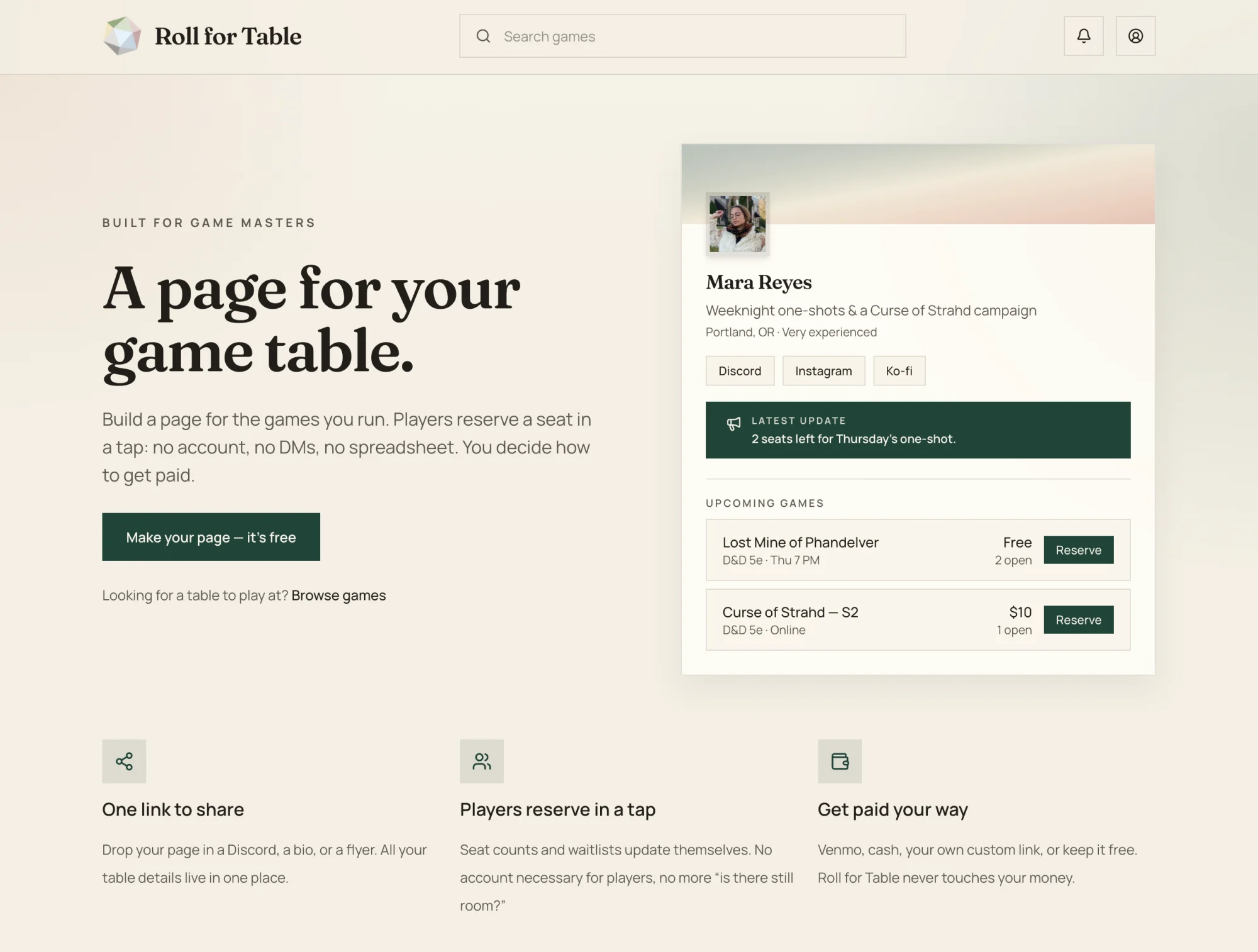 The Roll for Table landing page: the headline “A page for your game table,” a short
              subhead, a free-to-make call to action, and a sample host card for Mara Reyes listing two
              upcoming games with their seat counts and Reserve buttons.