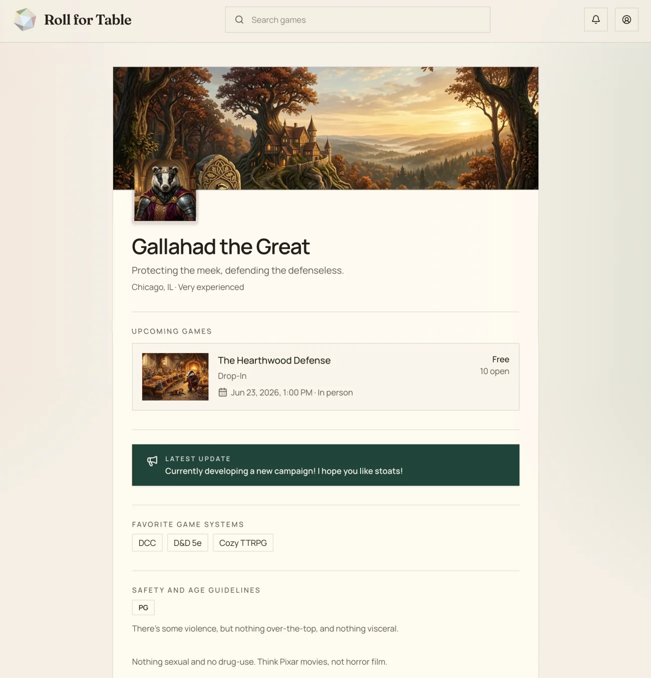 A Roll for Table host profile for “Gallahad the Great”: a banner illustration
                  and avatar, a one-line bio, a “Very experienced” tag, an upcoming game, a human
                  latest-update note, favorite-system tags, and a plain-language safety and age
                  guide.