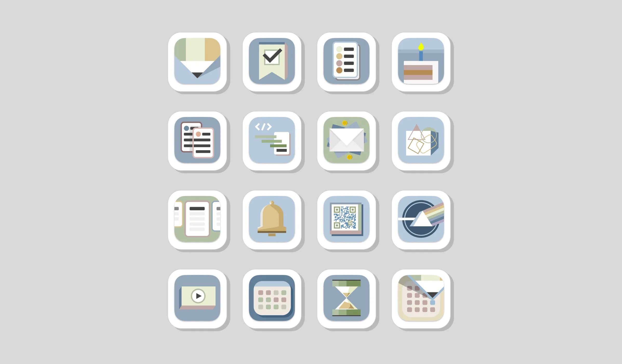 The sixteen Truly Simple Tools app icons shown together, sharing one flat,
              muted-color, family-resemblant style across macOS and iOS.