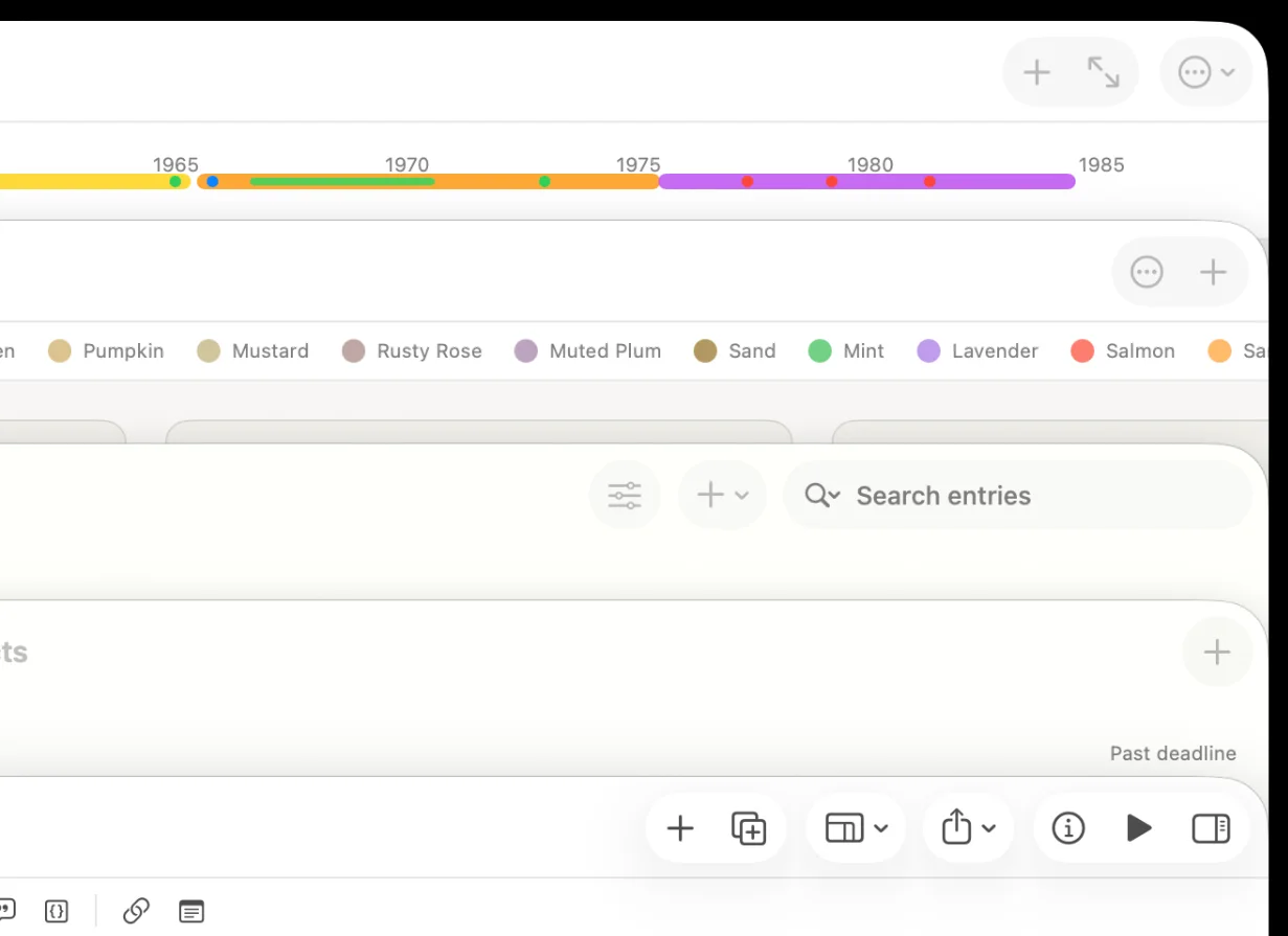 Several TST app windows overlapping, with sidebars, list views, segmented
                  controls and toggles, all built from stock macOS components with no custom chrome.