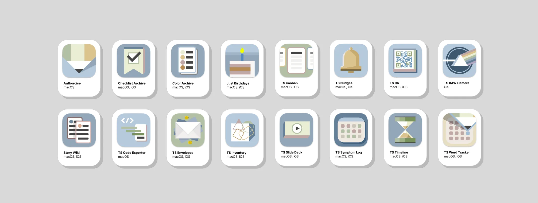 The full Truly Simple Tools catalog as a labeled grid of sixteen apps,
                  including Authorcise, Checklist Archive, TS Kanban, TS Nudges, TS QR, Story Wiki,
                  TS Timeline and more, each with its name and macOS/iOS availability.