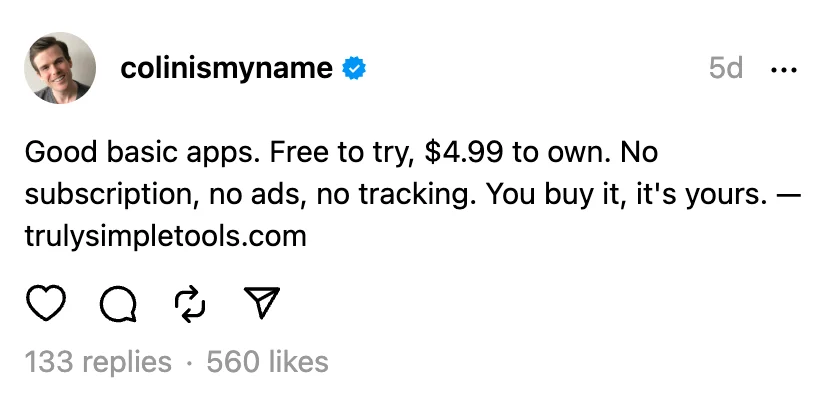 The offer post as published, showing the flat $4.99 pitch with replies and likes counts below it.