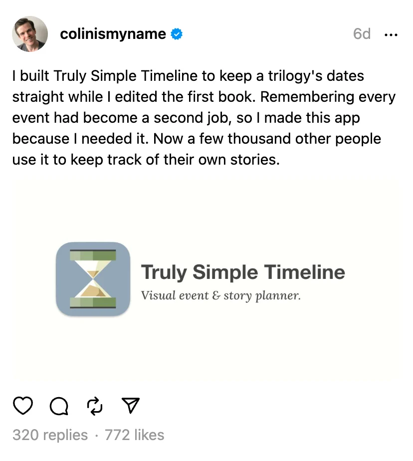 The Truly Simple Timeline origin-story post as published, with the app’s name card and engagement counts.