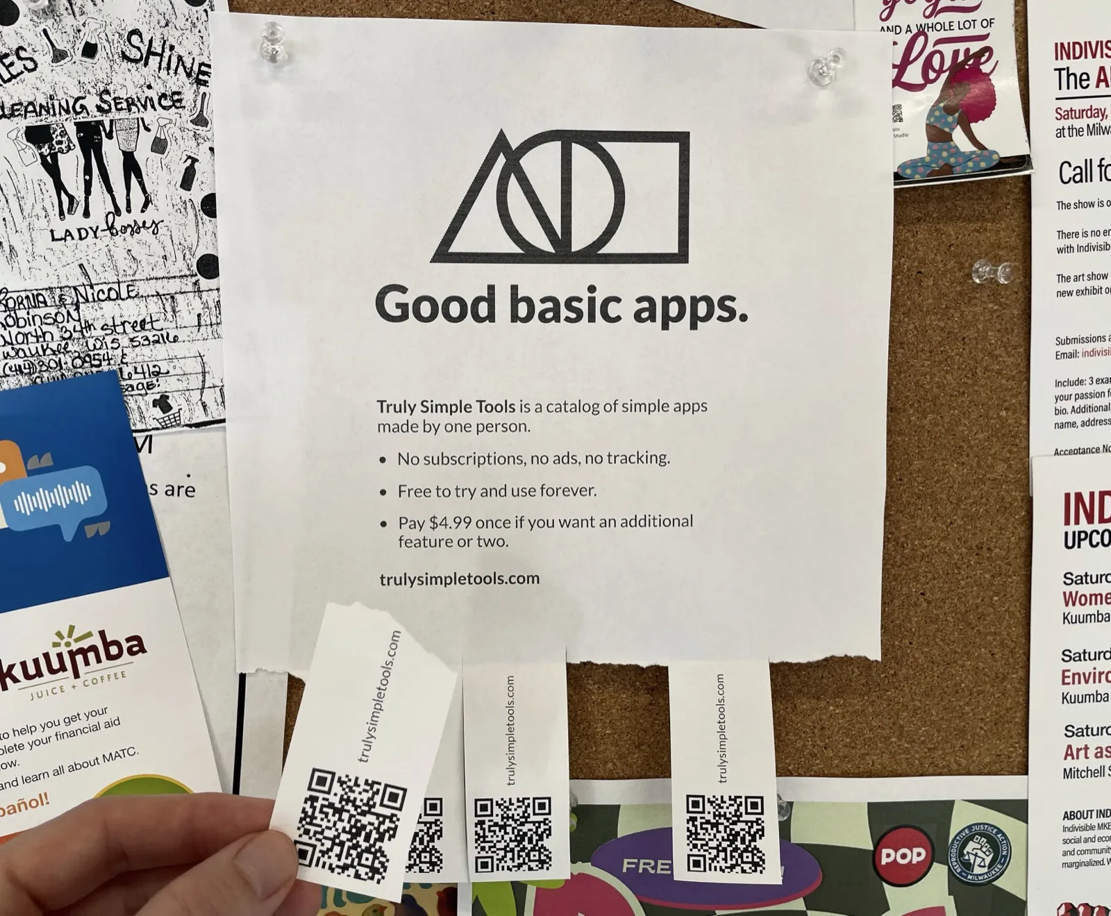 Poster A pinned to a real cork bulletin board among other flyers, its “Good basic apps.” headline above three trulysimpletools.com QR tear-tabs, one being pulled loose.