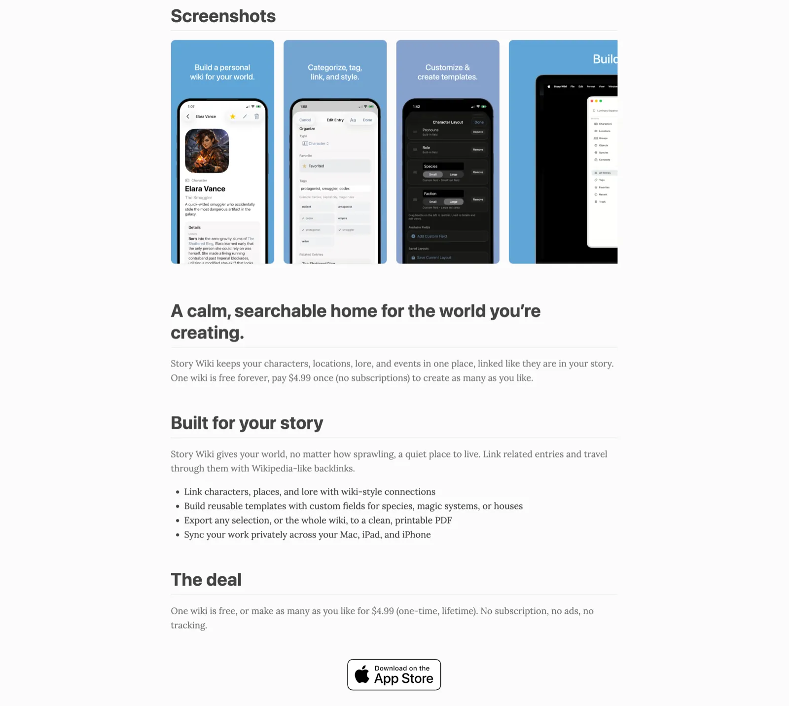 The live Story Wiki landing page: a screenshot strip across the top, the headline, the feature list, and the pricing line, captured from the real page.