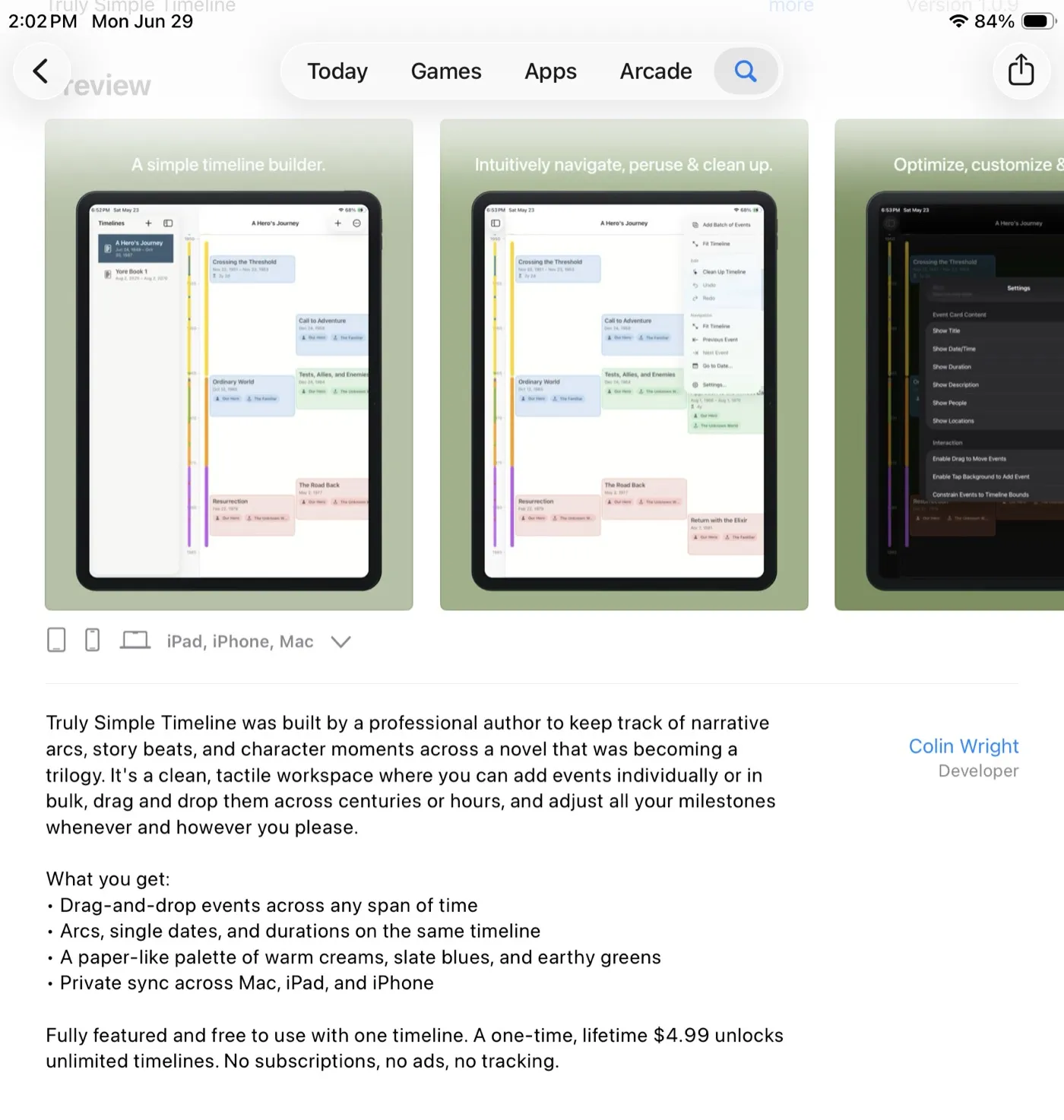 The Truly Simple Timeline App Store listing in a product-page frame, showing screenshots, the name, subtitle, and the full description.