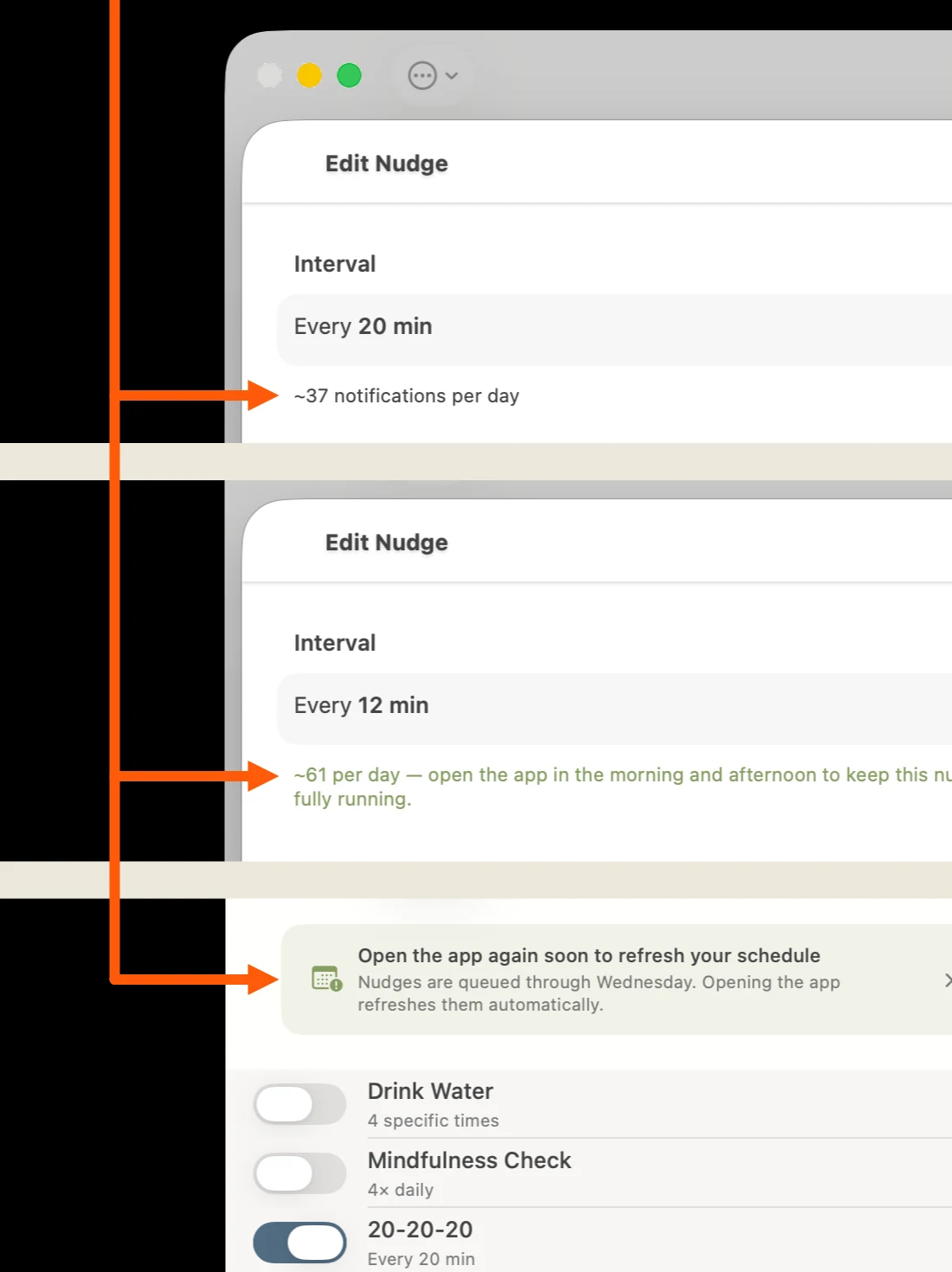 TS Nudges interval settings: a live “~37 notifications per day” count that
                  turns into a green guidance note as the limit nears, plus a banner stating the
                  schedule is queued through Friday and refreshes when the app is opened.