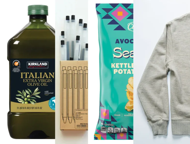 Kirkland olive oil, Muji gel pens, a private-label kettle chip bag, and a
                  plain grey sweatshirt, shown side by side: honest, basics-focused store brands.