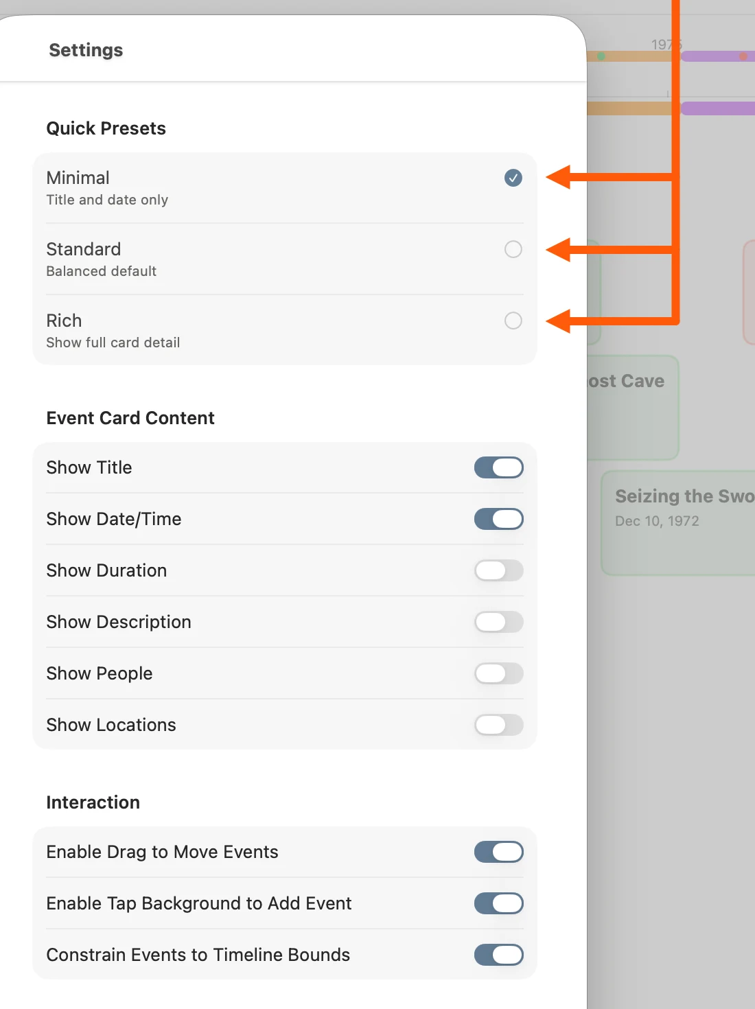 Truly Simple Timeline’s event-card settings: Minimal, Standard, and Rich
                  presets at the top, above individual toggles for title, date, duration,
                  description, people, and locations.